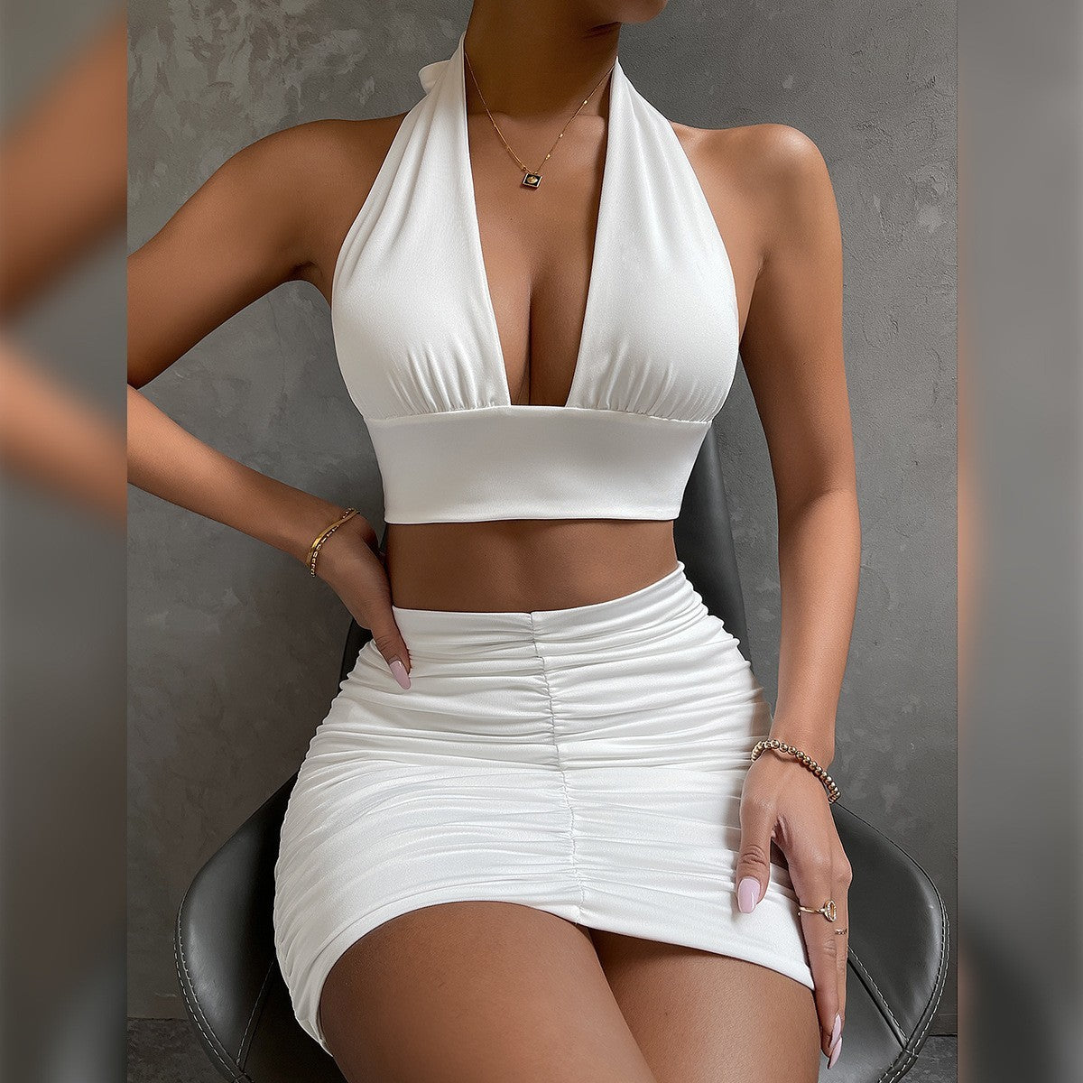 2pcs Dress Suits Lace-up Top Skirt