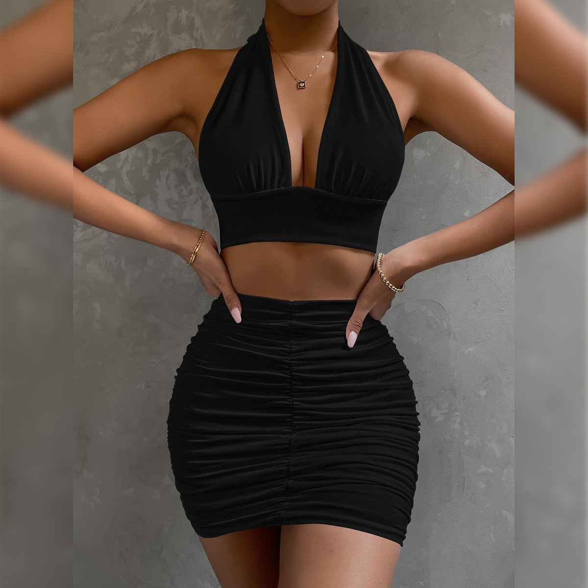 2pcs Dress Suits Lace-up Top Skirt