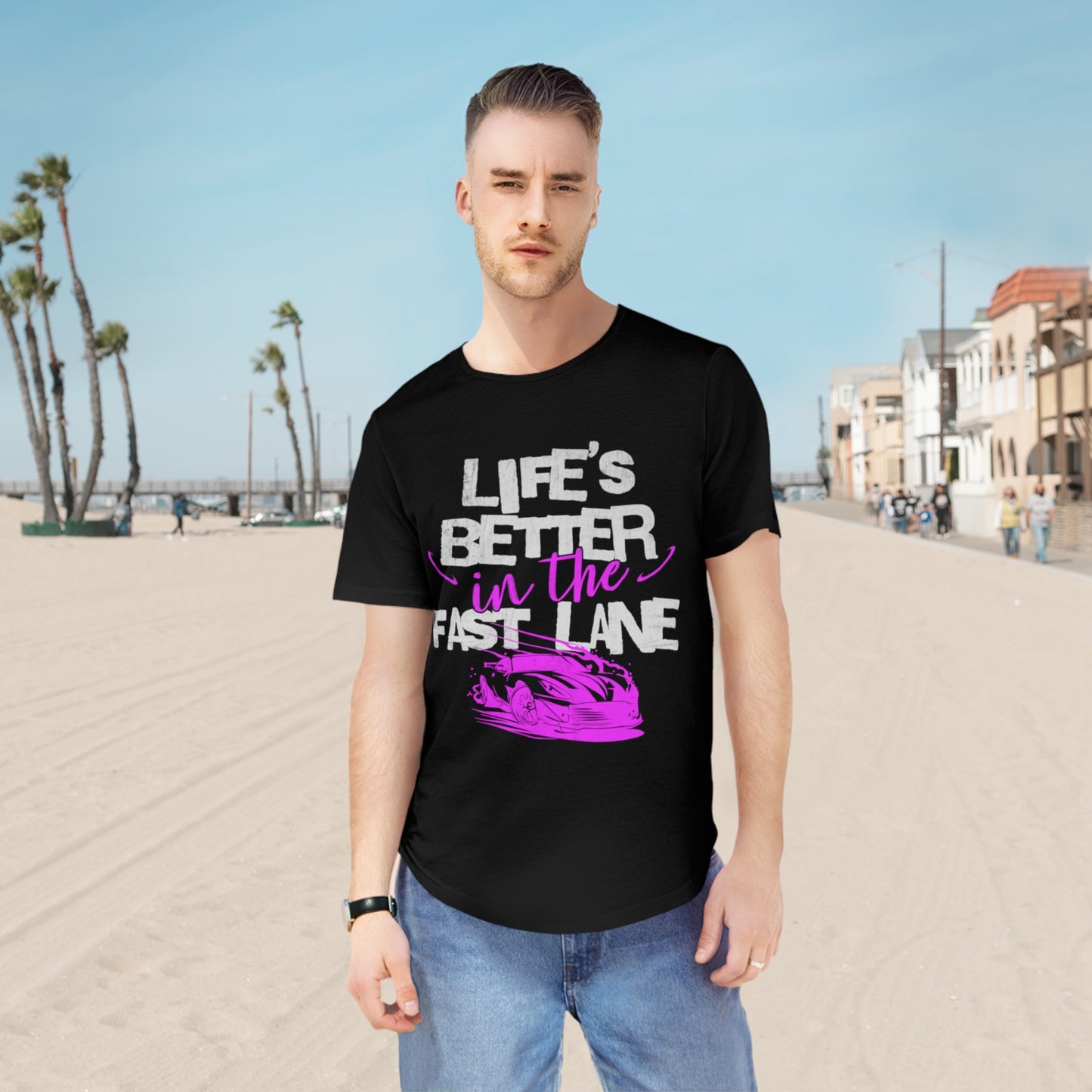 Men's Curved Hem Tee - 'Life's Better in the Fast Lane' - Perfect for Racing Fans