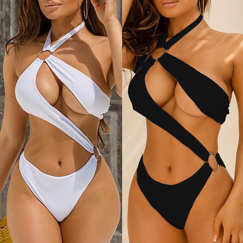One-piece Three-color Hollow Metal Ring Strap Bikini