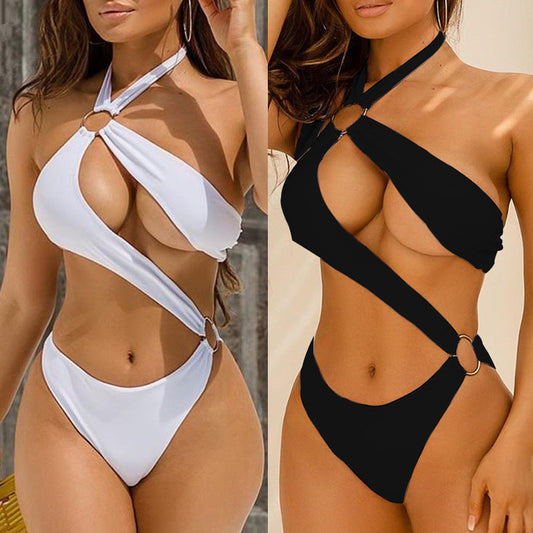 One-piece Three-color Hollow Metal Ring Strap Bikini