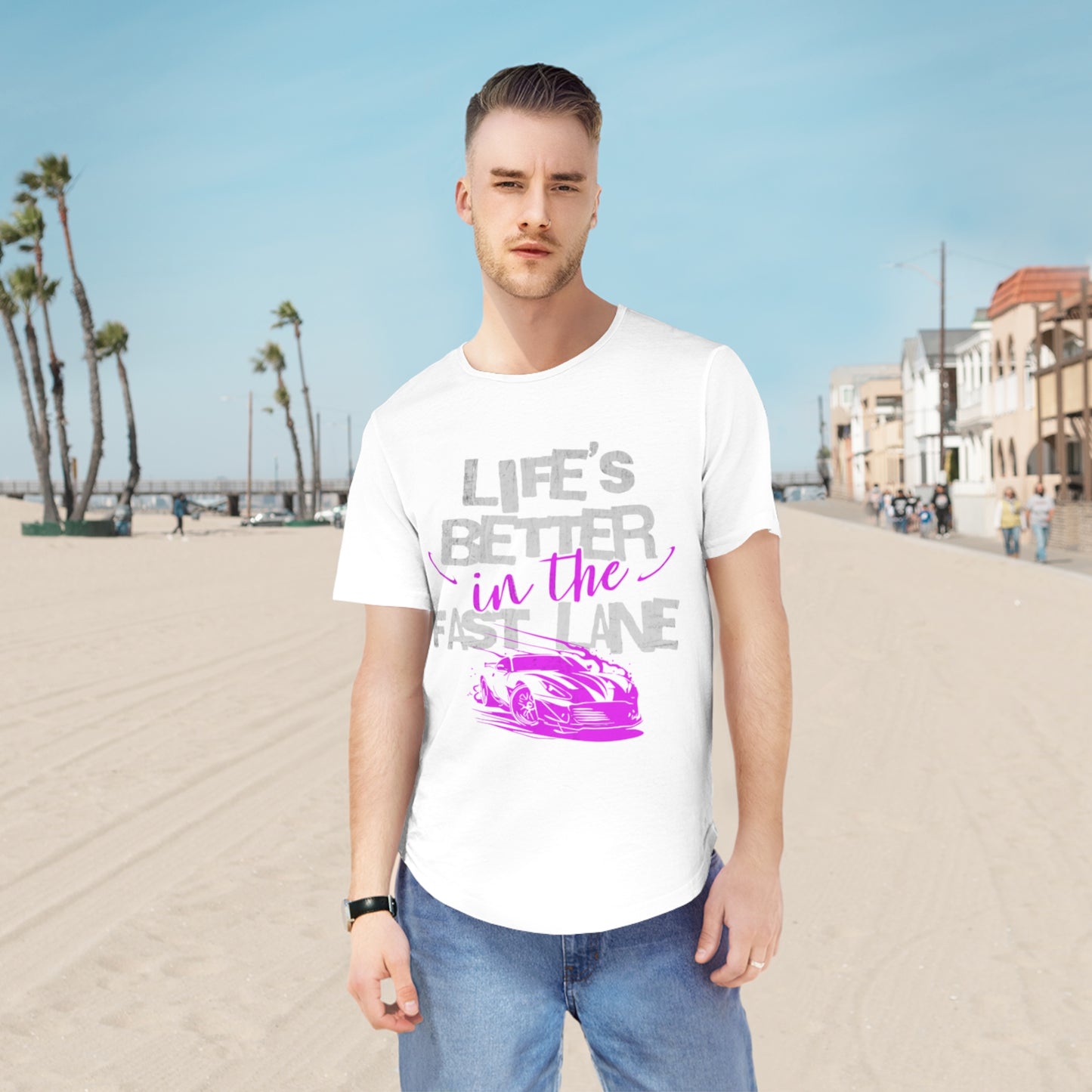 Men's Curved Hem Tee - 'Life's Better in the Fast Lane' - Perfect for Racing Fans