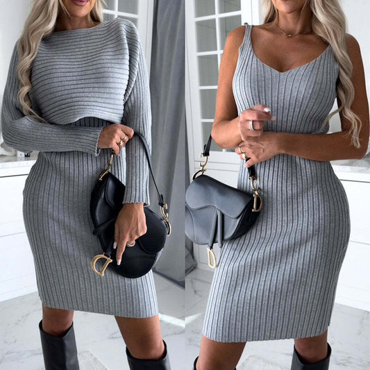 2pcs Stripe Long-sleeved Top And Tight Suspender Skirt