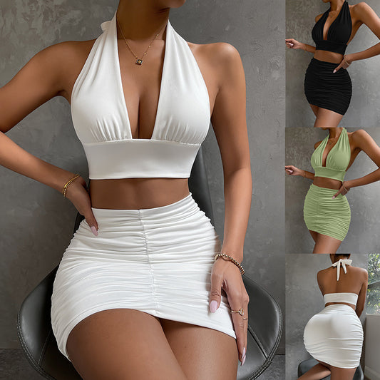 2pcs Dress Suits Lace-up Top Skirt